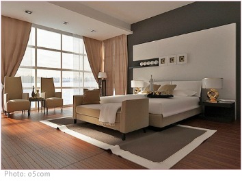 modern bedroom in neutral grays and browns